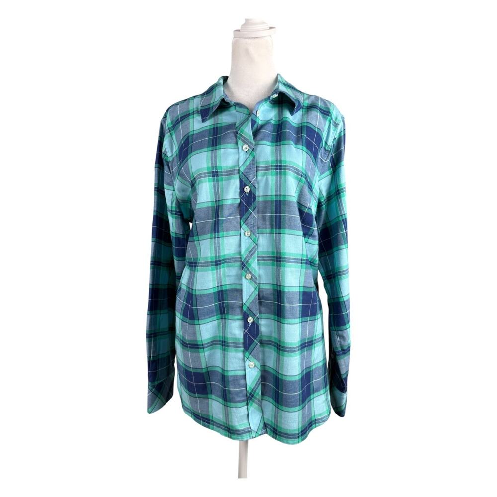 Talbots L Modern Classic Button Up Lightweight Flannel Shirt Blue Green Plaid - Picture 2 of 7